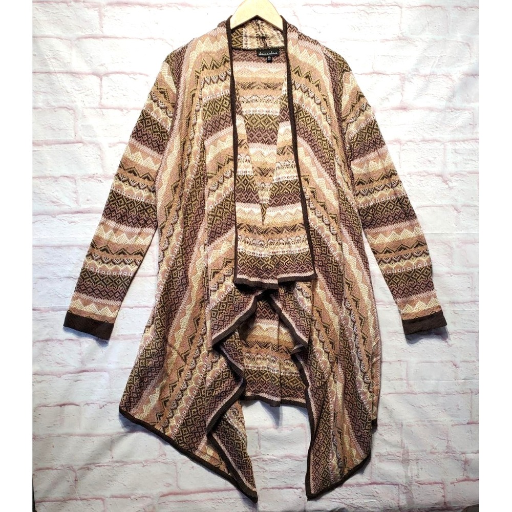 Alison Andrews Cardigan Women XL Brown Fair Isle Waterfall Knit Earthy Boho Chic
